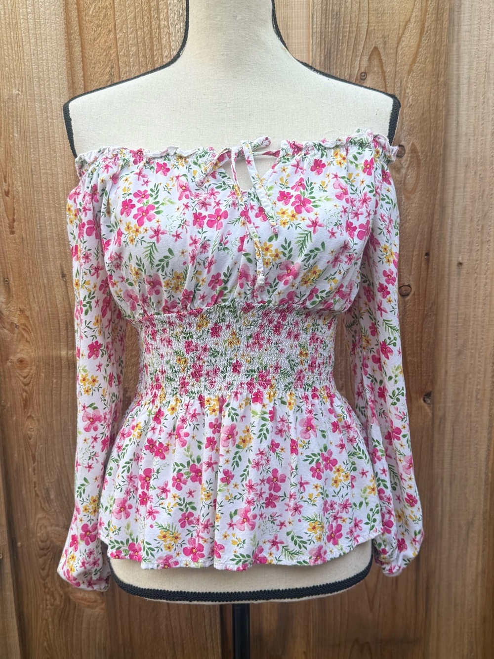 No Boundaries White Floral Off-Shoulder Smocked Waist Blouse